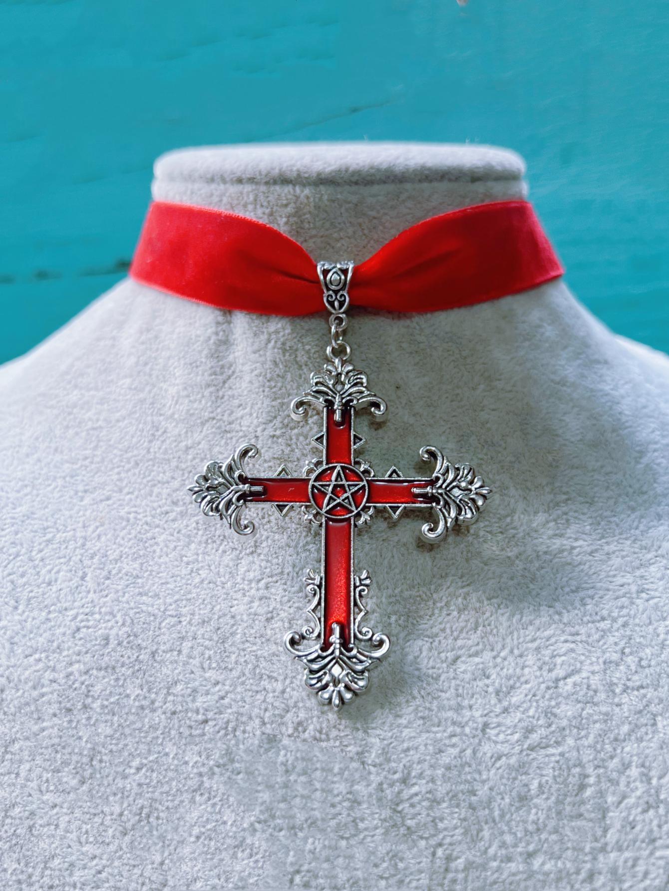 

Temperament Gothic Red Drop Glaze Cross Pendant Black Velvet Necklace for Women Halloween Party Choker Jewelry Accessories Gifts