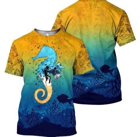 Cross-border 2023 summer new men's underwater diving pattern 3D digital printing personalized fashion short-sleeved crew neck T-shirt