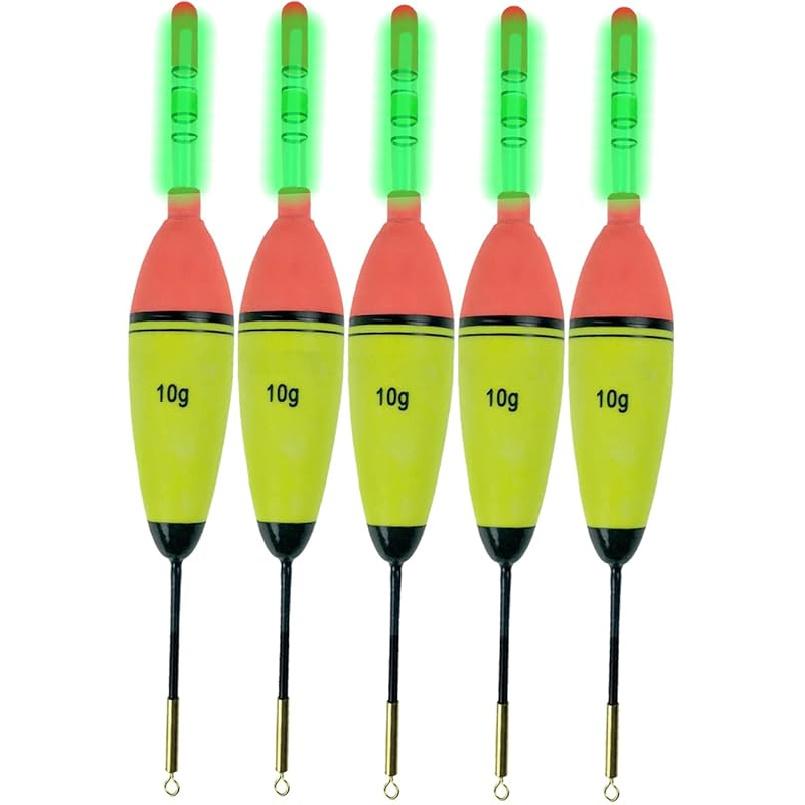 QualyQualy 5Pcs Lighted Fishing Bobbers EVA Foam Fishing Floats and Bobbers + 10Pcs Fishing Glow Sticks, Night Fishing Light Up Bobbers Glowing Bobbers 10g