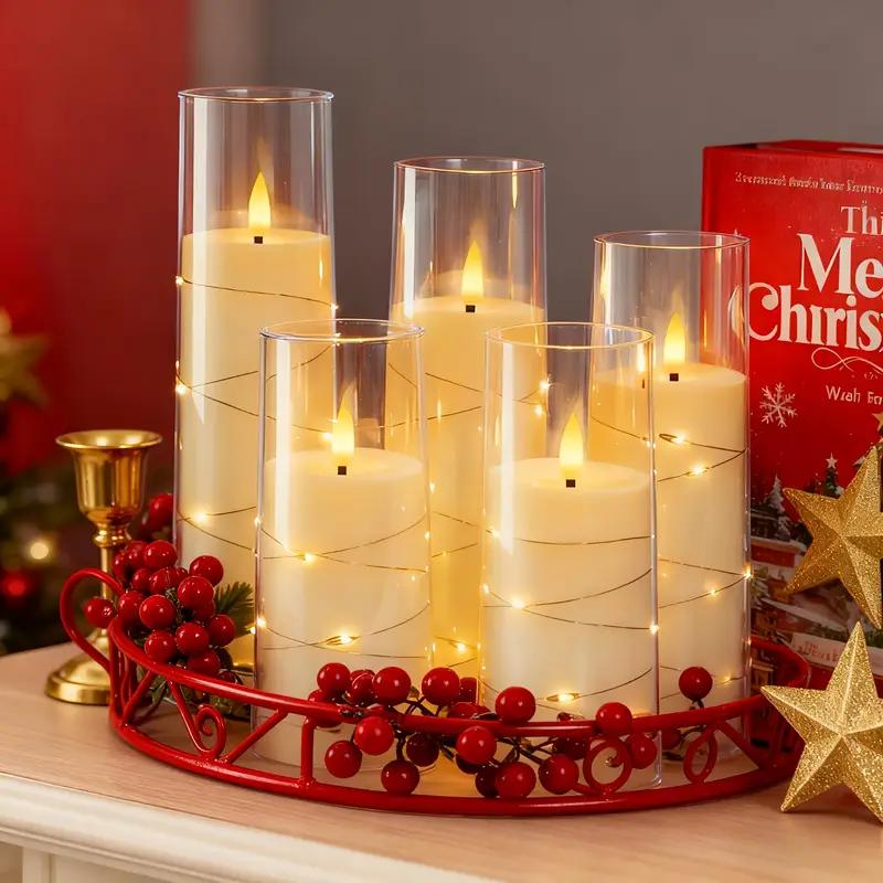 Flameless Battery Operated Candles 5pcs Acrylic Flicker LED Flame Cylinder Remote Control Star String Lights Built In Home Decor