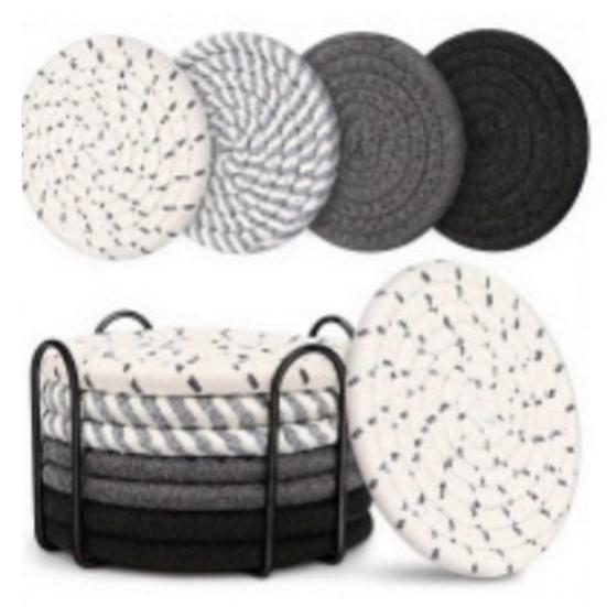 Yousheng 8Pcs Cotton Woven Coasters for Drinks, Absorbent Coasters Set with Holder, Wear-Resistant Insulating Heat-Resistant Coasters for Cups Teapots