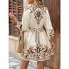 New Women's Printed V-Neck Dress, Three-Quarter Elbow Sleeve Tie Waist A-Line Midi Dress for Summer Casual Party Daily Wear
