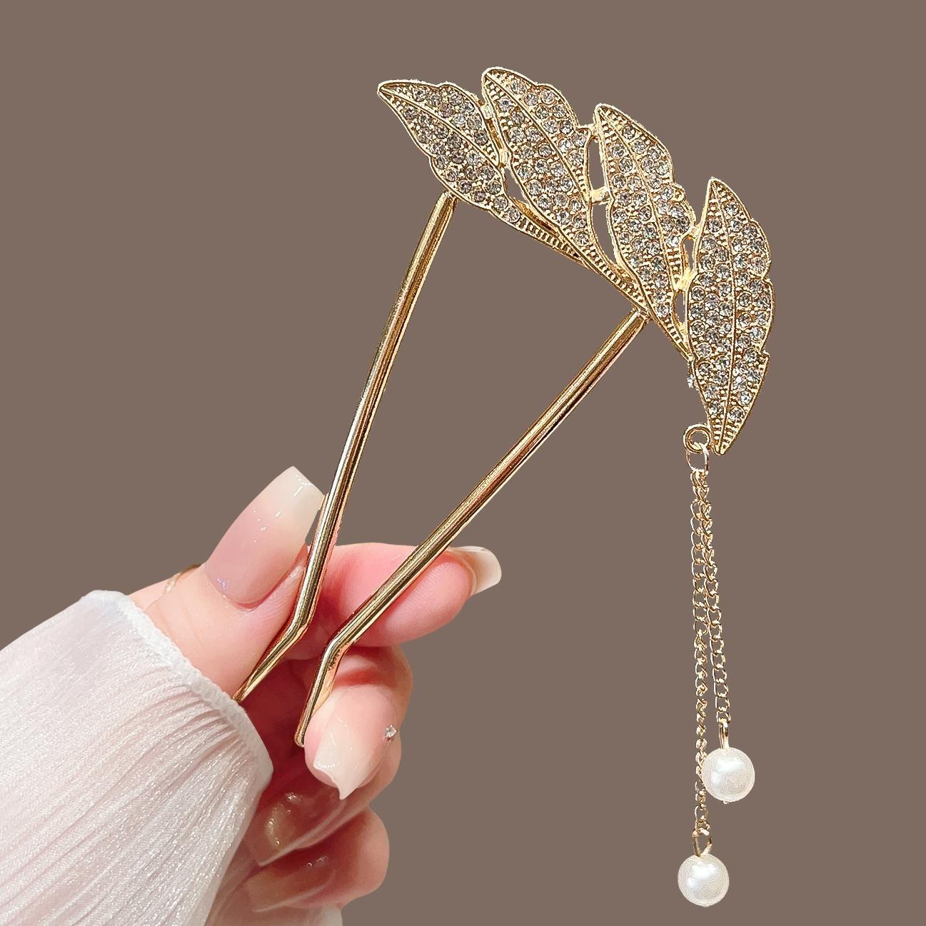 

1pc Full Of Diamonds Leaves Pearls Tassels Hairpins Elegant Hair Accessories Light Luxury Banquet Accessories Eye-catching