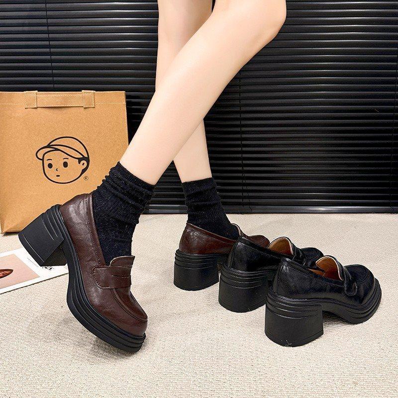 Single Shoes Women's Platform 2025 One-pedal French New Loafers Deep Mouth Round Head High Heels Thick Heel British Black