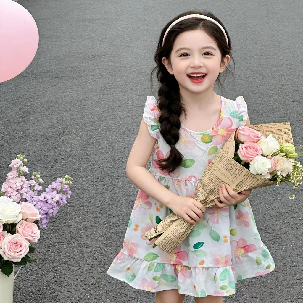 Children's Cotton Silk Skirt Summer Thin Girls Floral Flying Sleeve Dress Lady Treasure Princess Western Style