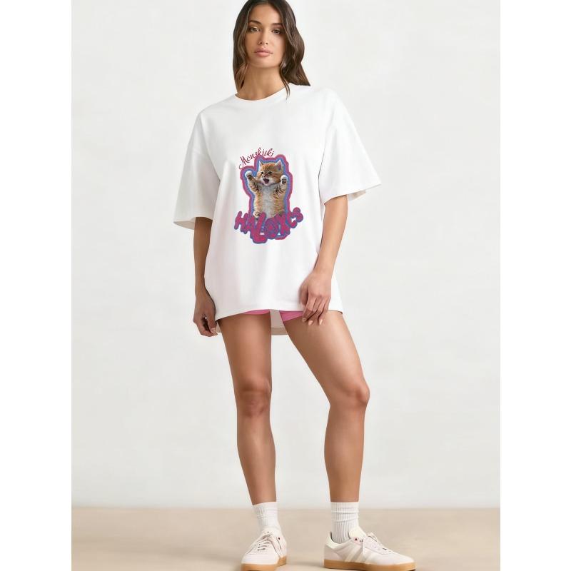 Oversized T Shirt Black Cat Print With Monchhichi Halo Text Casual Streetwear For Women
