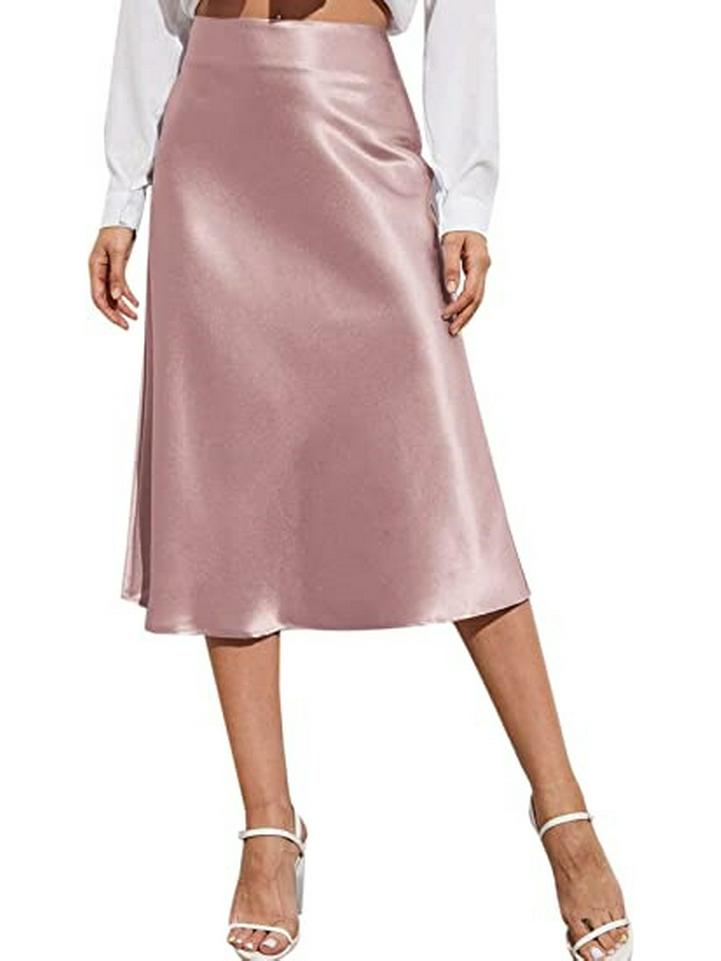 Women's High-Waist Satin Midi Skirt - Elegant Solid Color with Zipper