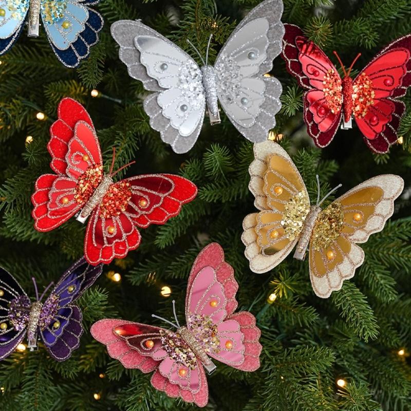 Pack Of 3 Double Layer Butterfly Christmas Tree Clip Accessory Elegant Fabric Ornament For Holiday Decorations
