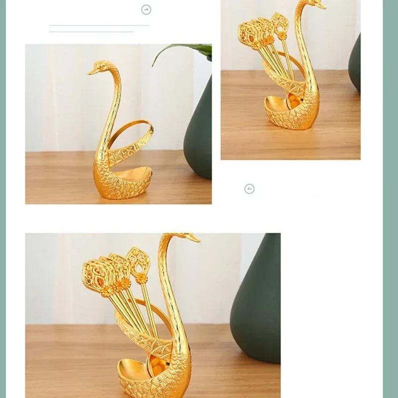 6Pcs Coffee Spoon Set Ice Cream Cake Scoop Afternoon Tea Dessert Spoons Swan Shape Storage Rack Kitchen Cutlery Creative Gifts
