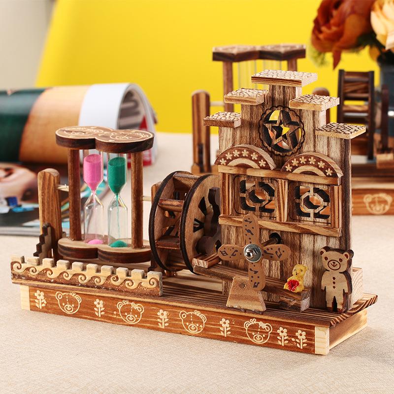Cabin Windmill Sailboat Rotating Music Box Creative Wooden Pen Holder Student Birthday Gift