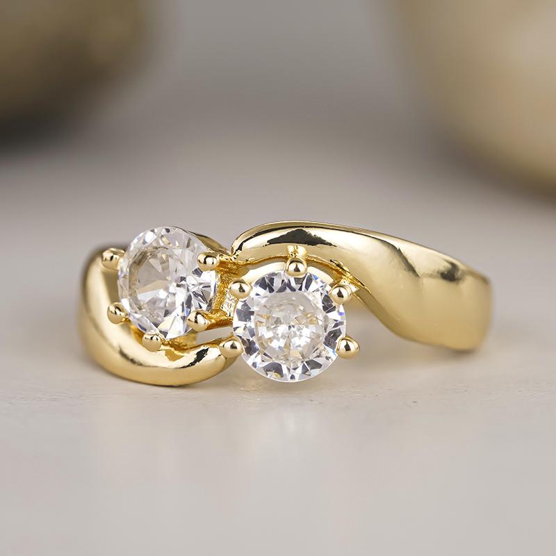 Huitan Minimalist Double Cubic Zirconia Gold Color Rings for Women Wedding Trend Accessory Temperament Female Engagement