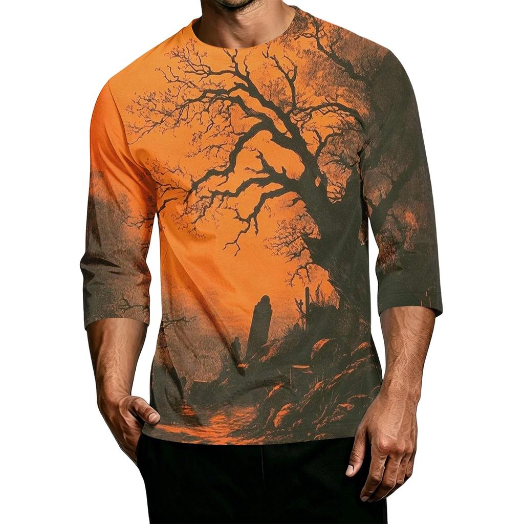 Men's Casual Halloween Print Round Neck 3/4 Sleeve T-Shirt