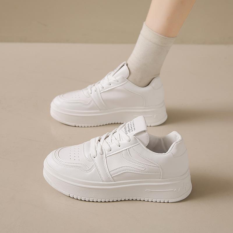 Thick Baseplate Shoes Women's Spring and Autumn New Leather Surface Versatile Height Increase Sports and Leisure White Shoes Ins Tide