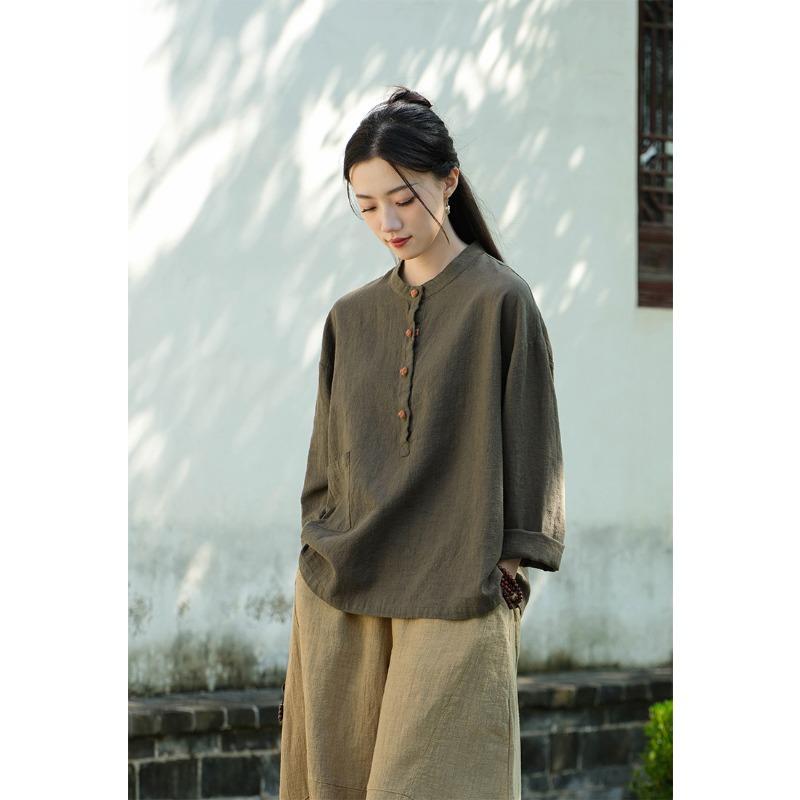 Spring and Summer Cotton and Linen Women's Linen Stand-up Collar Color Matching Plate Buckle Pullover Plus Size Blouse Women's Cotton and Linen Shirt