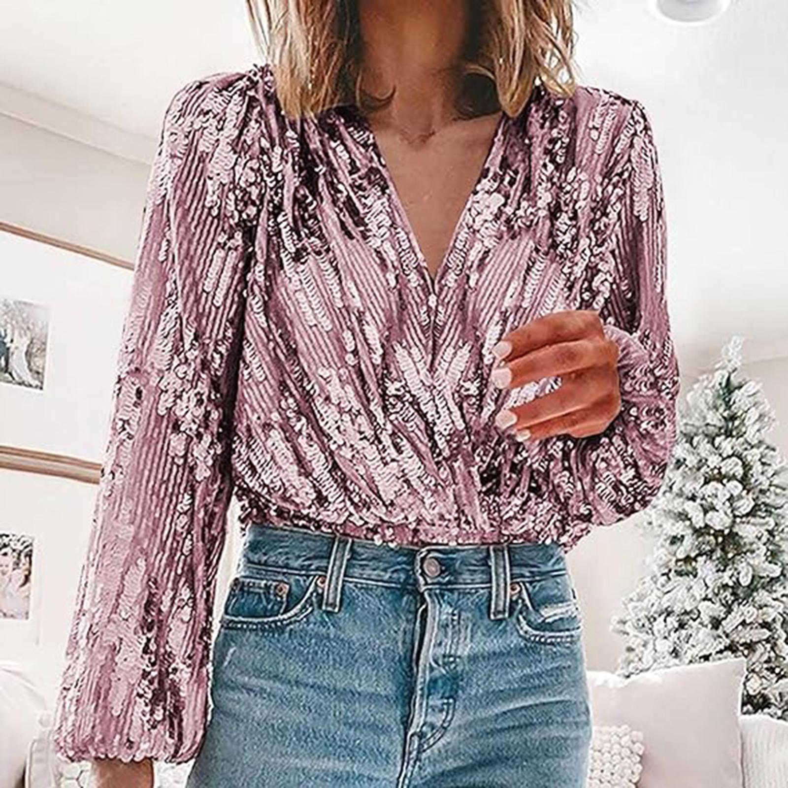 

Женский топ с V-образным вырезом и длинными рукавами для вечеринки, сверкающие топы с пайетками M розовый