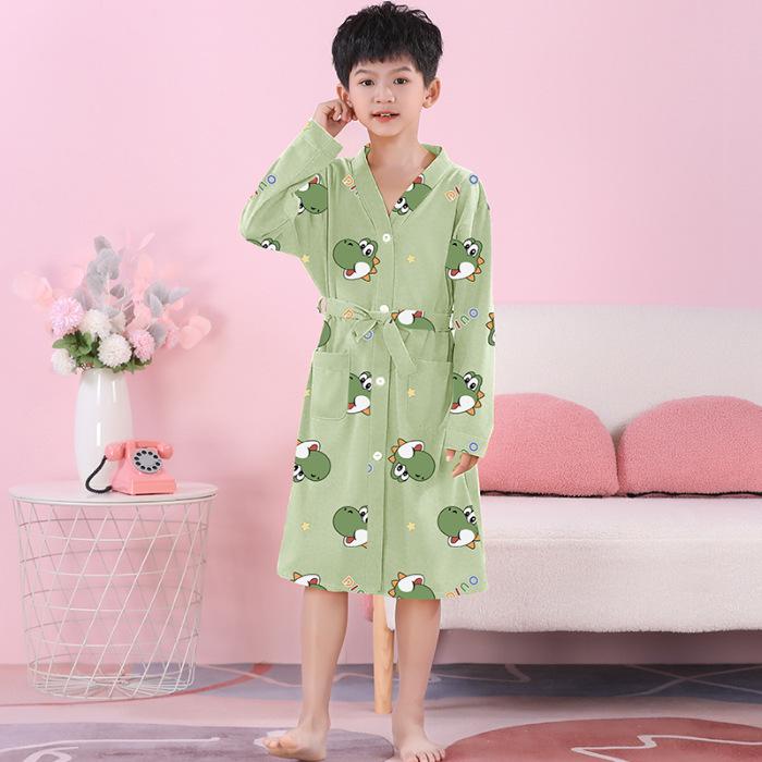 Girls' Combed Cotton Long-Sleeve Pajama Robe - Spring/Summer Bathrobe for Kids, Cute Sleepwear for Middle and Big Girls