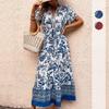 Hot Selling Women's Blue Retro Ethnic Print Vacation Dress Casual Slim Waist Crossbody Apparel Fashion