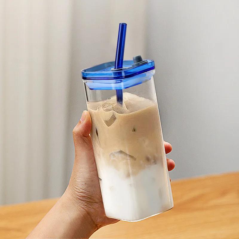 Square Heat Resistant Transparent Coffee Glass Mug Milk Tea Juice Glass Water Cup with Lid and Straw Coffee Cup Drink Mug