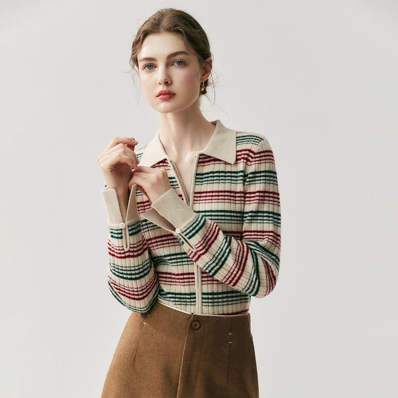

2025 Autumn/Winter Color Block Striped Slim-Fit Zip-Up Polo Cardigan Sweater S