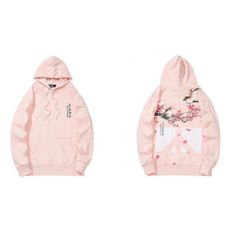 Cherry Blossom Print Hooded Sweatshirt Women - Stylish Streetwear With Cartoon Art Regular Fit Long Sleeve