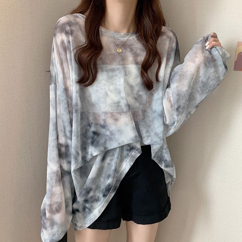 Women's Tie-Dye Transparent Sun Protection Loose Long-Sleeve T-Shirt, Plus Size, Couples Style, Trendy Top.
