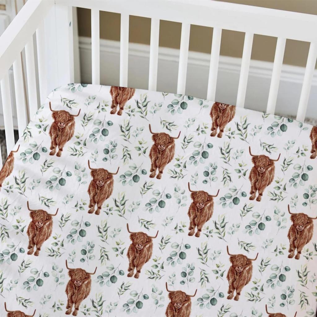 HawSkgFub Highland Cow Eucalyptus Leaf Fitted Standard Crib Sheet for Baby Boy Girl, Neutral Western Farm Animal Yak Toddler Mattress Cover, Soft