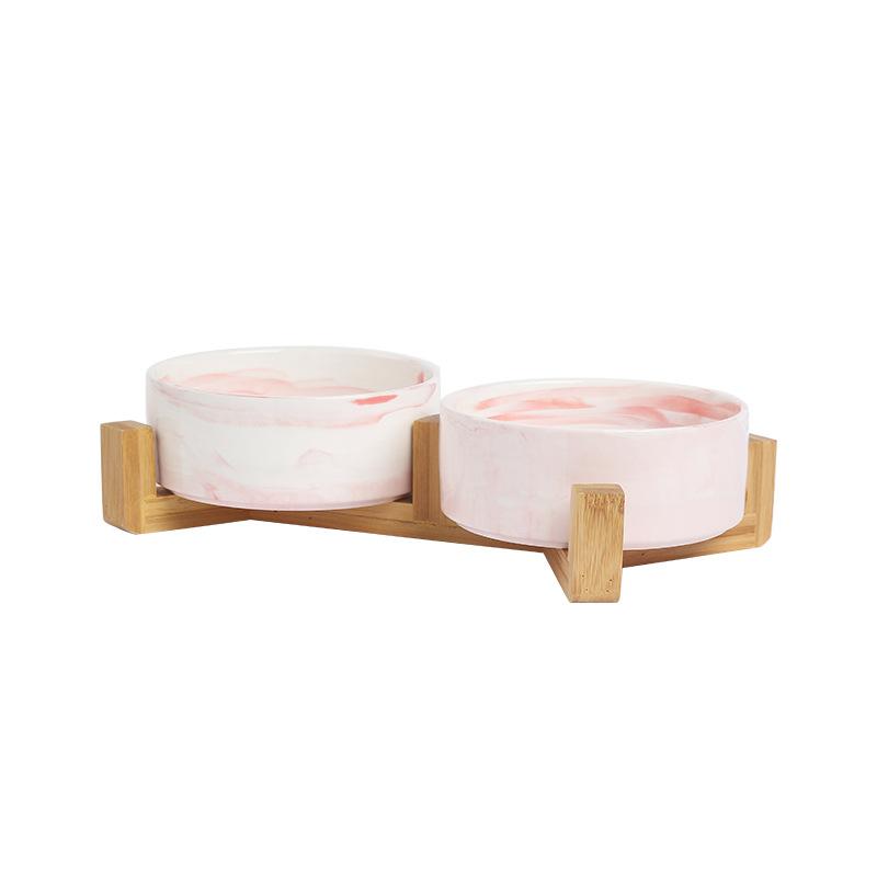 A Ceramic Pet Bowl with a Wooden Base Without Spillage Function Suitable for Dogs and Cats Double Layer Pet Ceramic Bowl