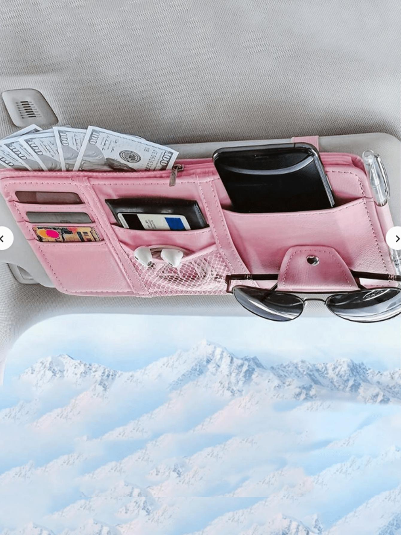 

1 Car Sun Visor Storage Bag, Leather Zipper Organizer, Multi-Function Card Holder, Unisex розовый