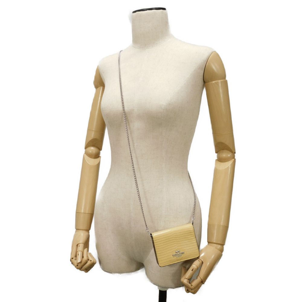 Used 9726 Chain Mini Wallet CR372 7941 Lizard 2-Way Card Case/Coin Purse, Unused Logo Metal, Pastel Yellow, Unisex from