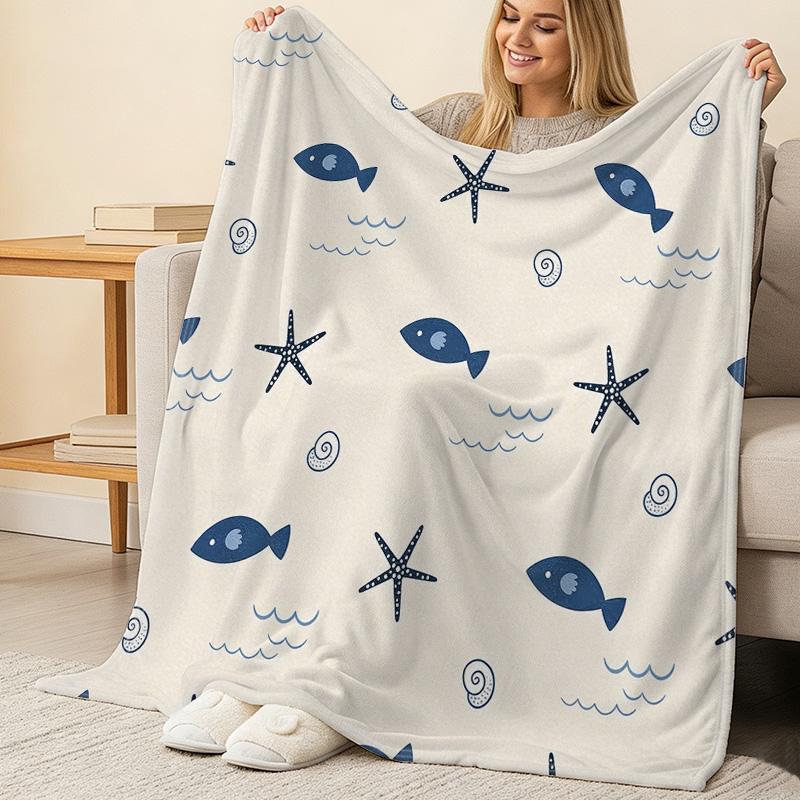 Thick Warm Flannel Blanket, Ocean Theme Cute Fish & Starfish Design, Soft Cozy Single Throw Blanket for Home/Guest Room, Christmas & Halloween