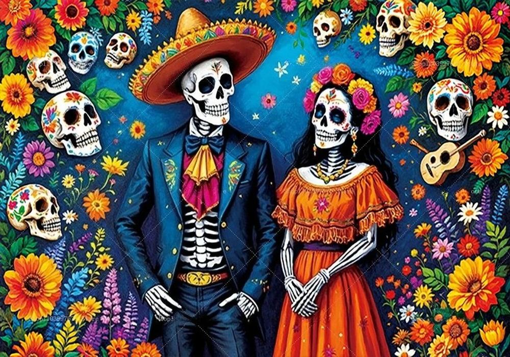 Day of The Dead Party Backdrop Mexican Fiesta Sugar Skull Flowers Photography Background Dia DE Los Muertos Party Supplies