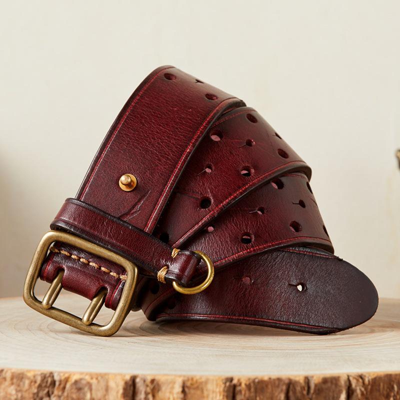 Korean Style Double Pin Buckle Leather Belt for Men - Genuine Cowhide Retro Youth Jeans Waist Belt