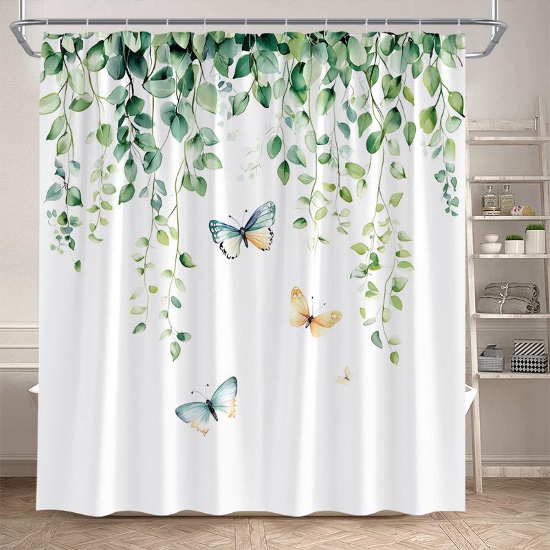 Butterfly Floral Shower Curtains Watercolor Purple Lavender Hummingbird Dragonfly Flower Plant Bathroom Curtain Decor with Hooks