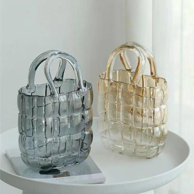 Clear Glass Vase Bag Handbag Basket Transparent Terrarium Flower Vase Floral Arrangement Accessories Living Room Decoration