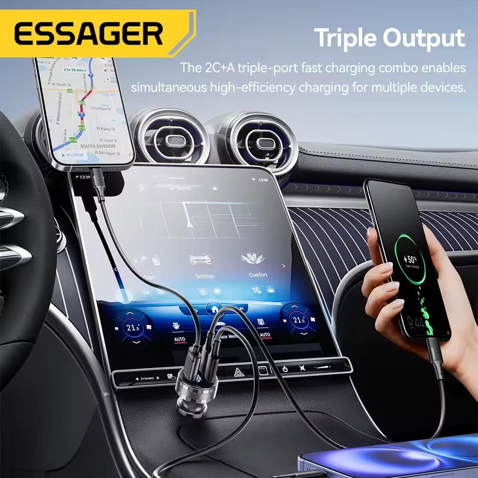 Essager USB C Car Charger 3 Ports 108W Type C Fast Charge PPS PD3.0 QC Car Phone Charger For iPhone 16 15 Samsung Huawei Xiaomi