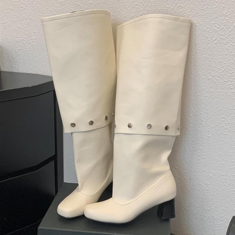 Eilyken Fashion Design Buckle Splicing Knee-High Boots Women Square Heels Low Shoes Elegant Modern Long Short Booties