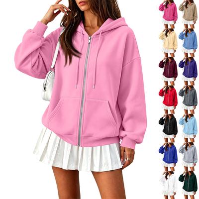 Damen Kapuzenjacke mit durchgehendem Reißverschluss, langen Ärmeln, Farbe und lockerem Schnitt