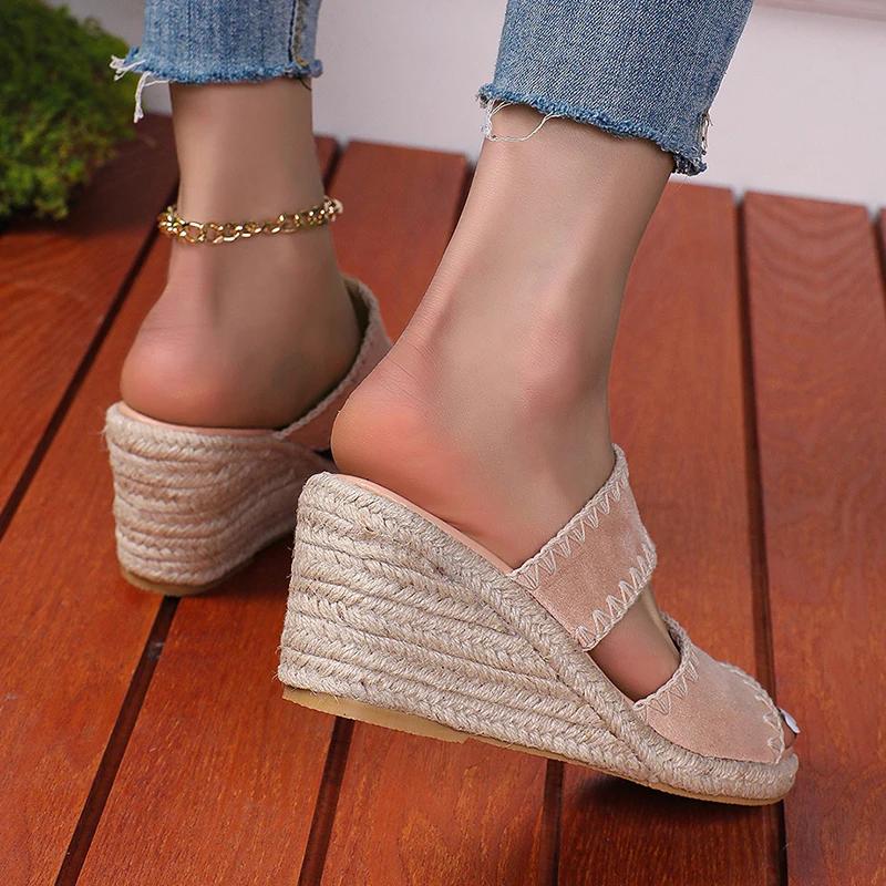 Fashion Vintage Embroidery Wedge Heel Sandals Women Summer Plus Size High Heels Rome Shoes Woman Lightweight Vacation Beach Slippers 43