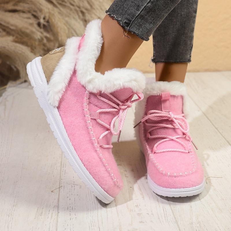 

Осень и зима новая большая размер плоский каблук круглый носок пушистые хлопковые туфли на шнуровке флисовые теплые повседневные женские зимние ботинки женщины 36 розовый