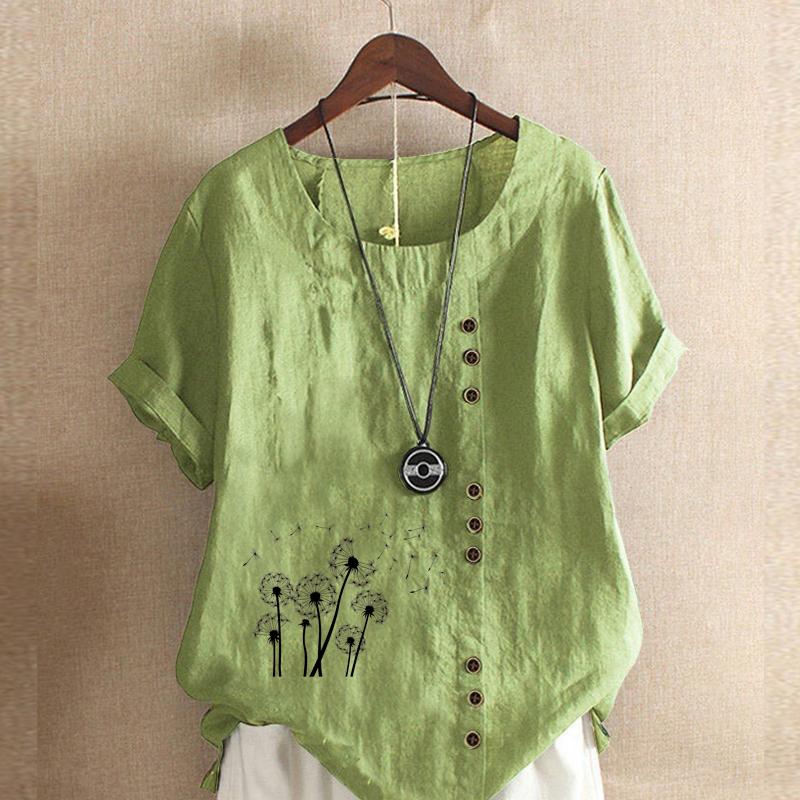

Женская модная черная футболка с коротким рукавом с принтом одуванчика, свободная хлопковая рубашка, повседневная свободная летняя блузка, топы больших размеров 5XL зелёный
