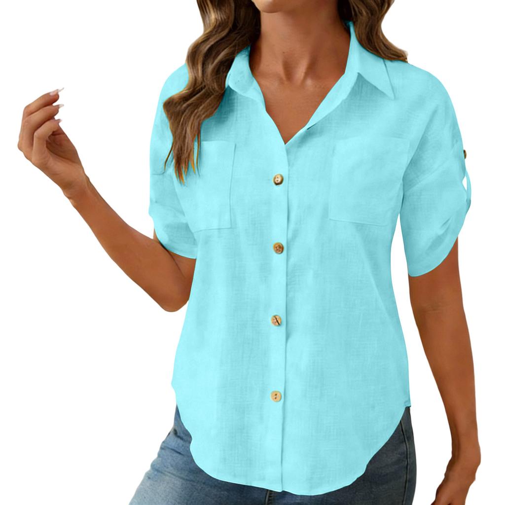 Women's Fashion Casual -Colour Short-Sleeved Buttoned Pocket Cardigan T-Shirt Top