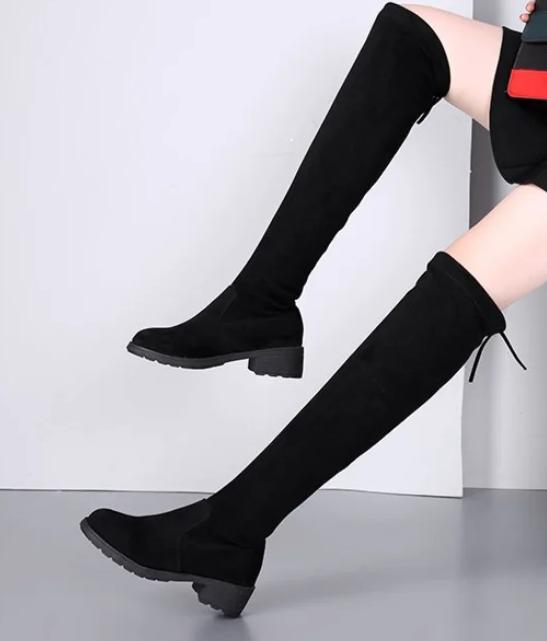 Fashion 2024 Autumn and Winter Long Boots, Knee High Flat Elastic, Slimming Black Knee High Boots, Suede, Student Low Heel, Large Size