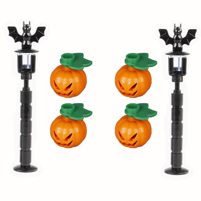 City Halloween MOC Bricks Pumpkin Building Blocks Street View Piano Tombstone Skeleton Ghost Bat Snake Accessories Bricks Toy