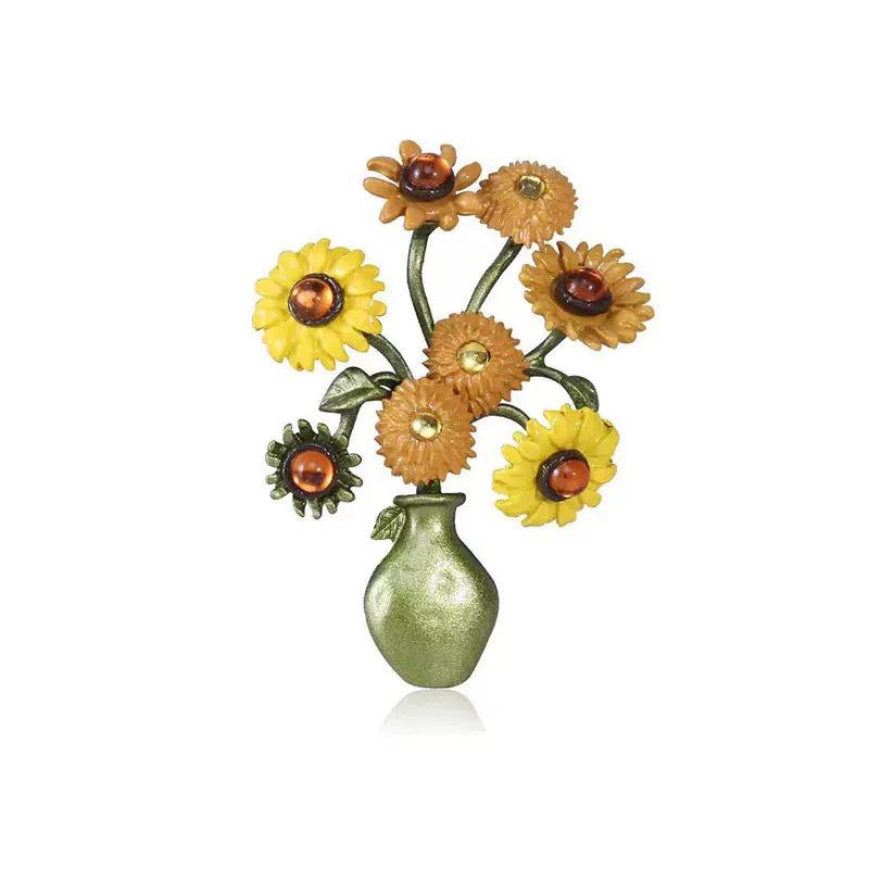 Mori Style Sunflower Oil Painting Brooch - High-End Vintage Women's Accessory
