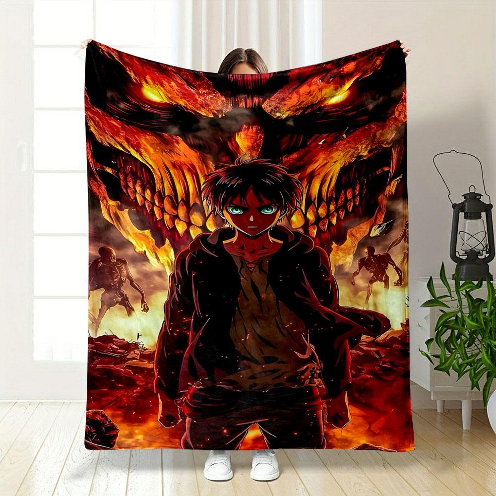 "Fiery Warrior and Monster Scene" Patterned blanket, flannel, suitable for all seasons, home decor, warm and cozy