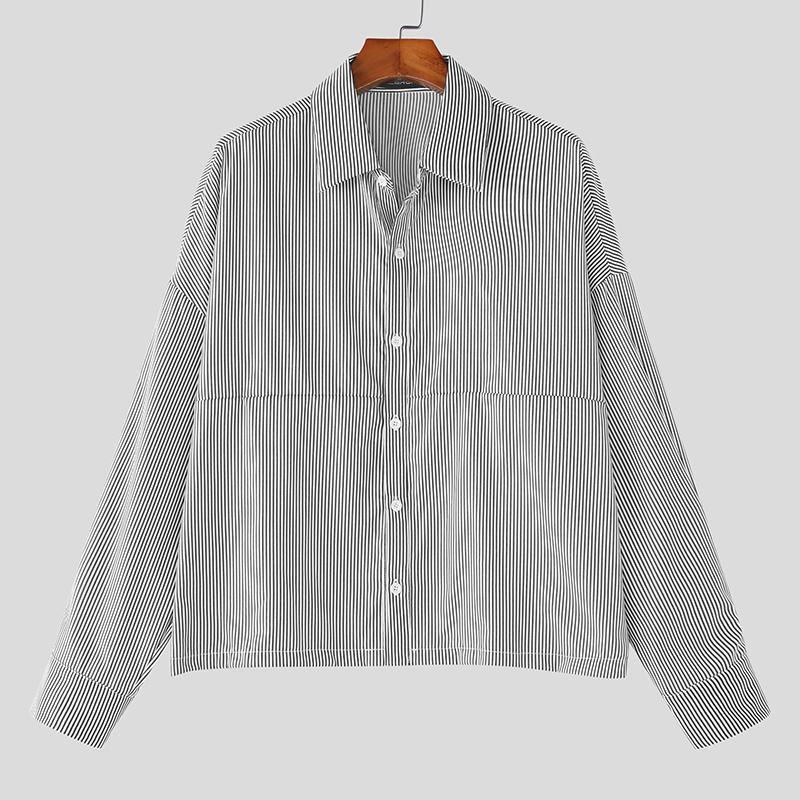 

INCERUN Мужские рубашки с длинным рукавом в полоску весна-осень повседневные топы на пуговицах чёрный