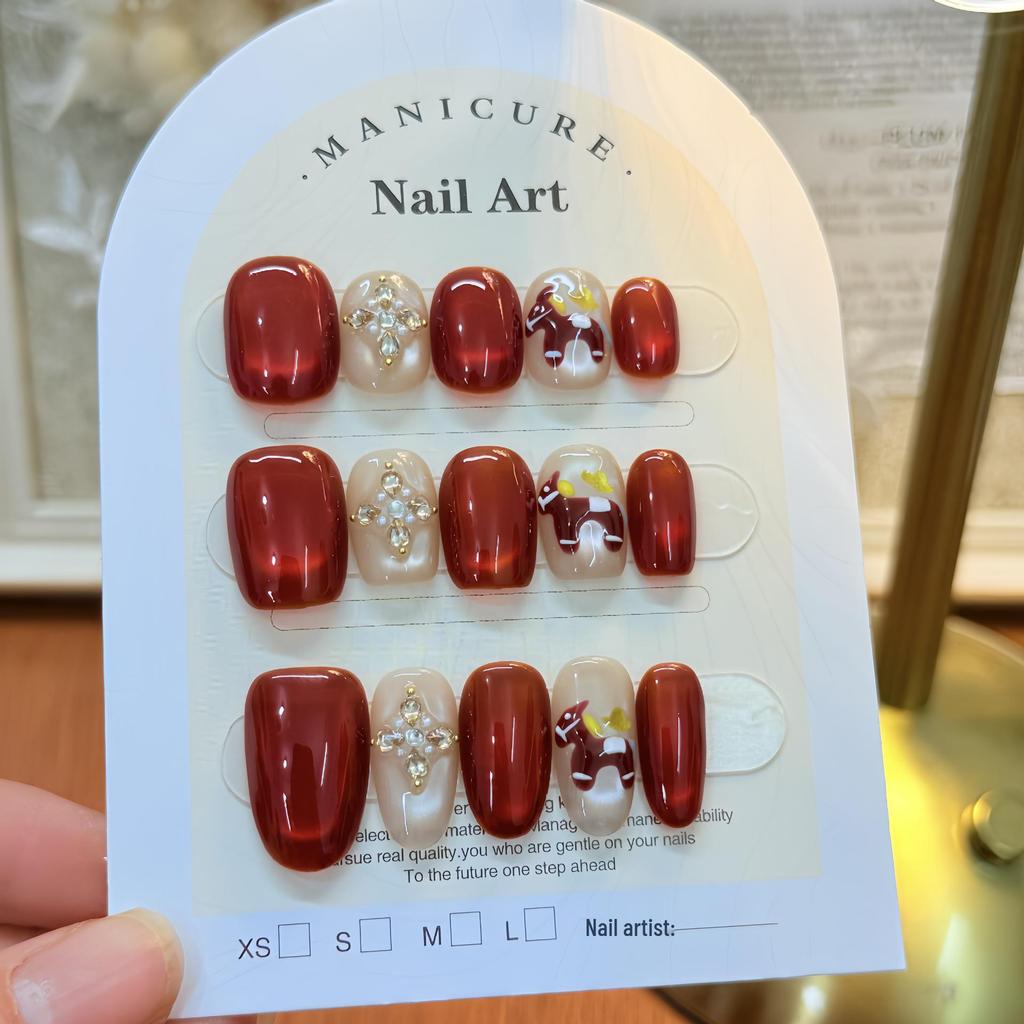 Instantly Rich Red Handmade Press-On Nails: Elegant Wedding & Festive New Year Nail Art for a Beautiful Complexion.