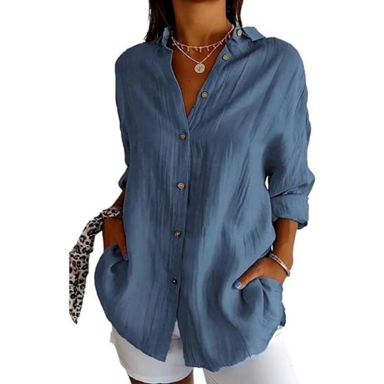 European Style Women Solid Pleated Shirt with Lapel and Roll Up Sleeves