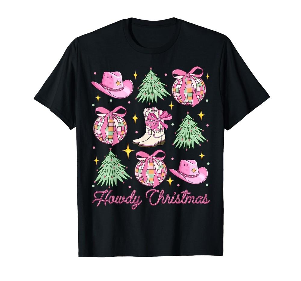 

Howdy Christmas Pink Coquette Bow Xmas Tree Western Country Unisex Black T-Shirt L
