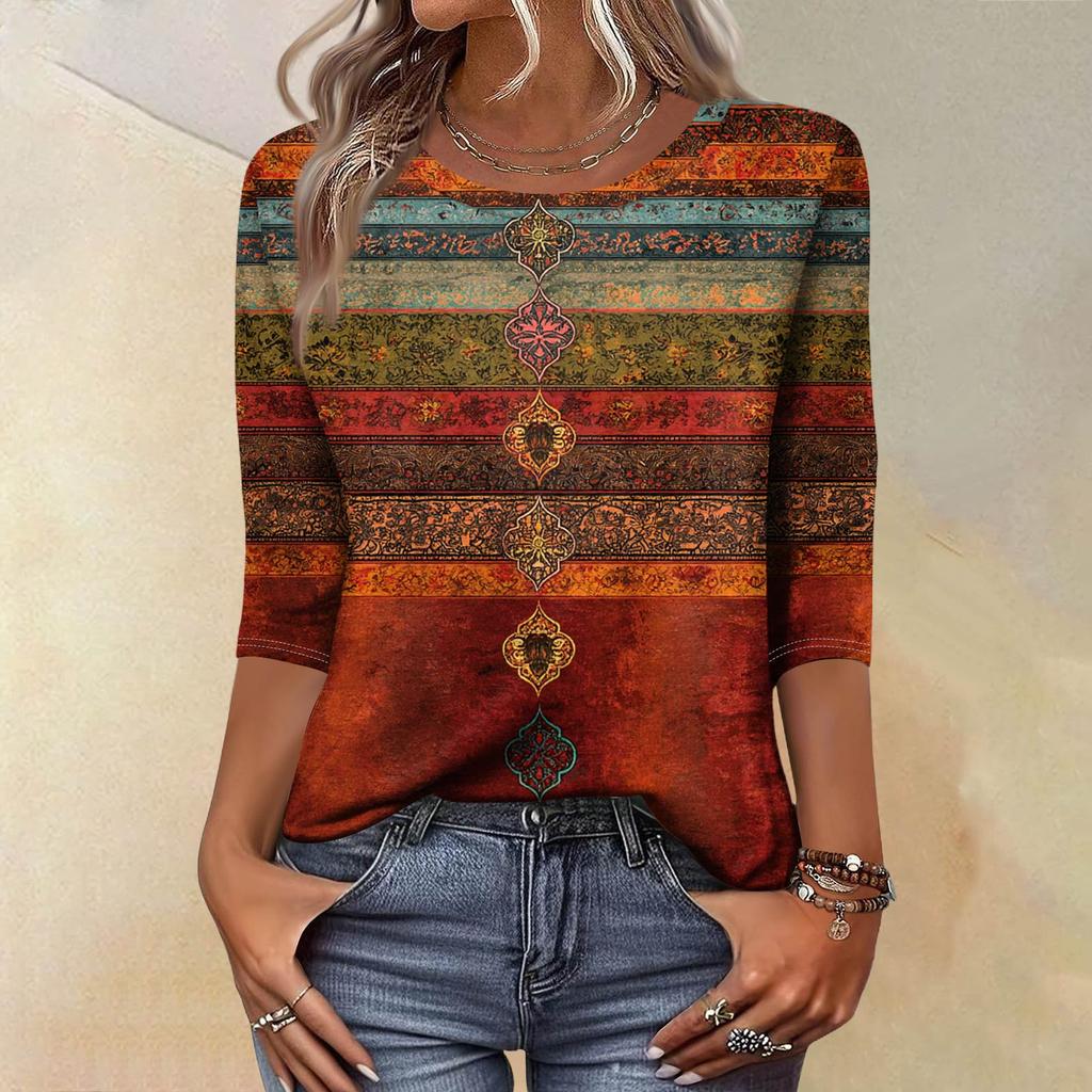 Trendy Vintage 3/4 Sleeve Top For Women,Ladies Casual Three Quarter Sleeve Round Collar Printed T-Shirt Blouse